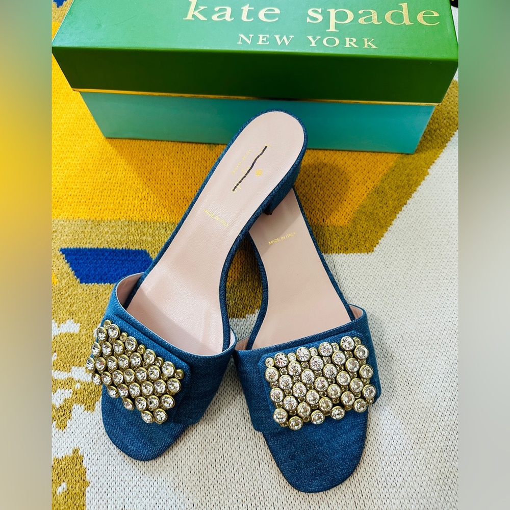 Kate Spade Blue Mules with Gold Accents